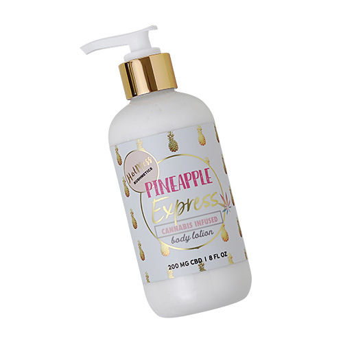 Pineapple Express CBD body lotion with gold pineapple label